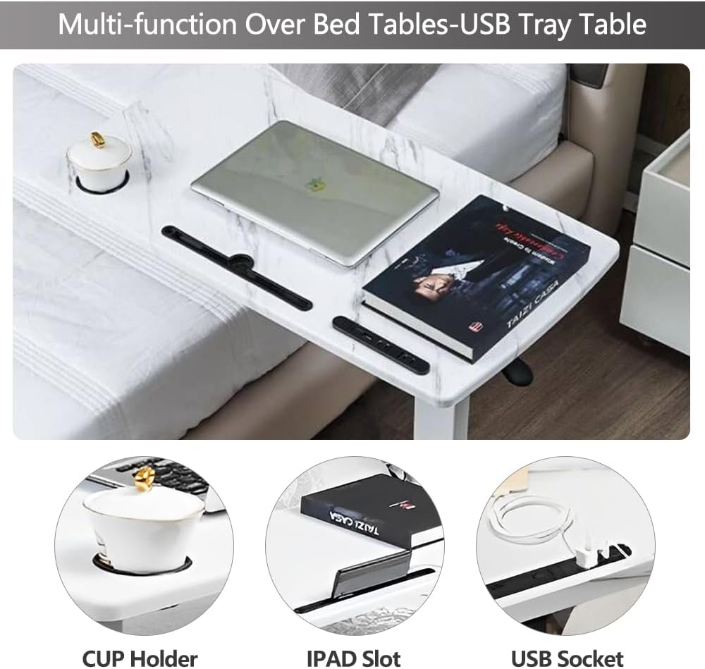 Overbed Table with Wheels & USB,Pneumatic Height Adjustable Bedside Table - Image 5