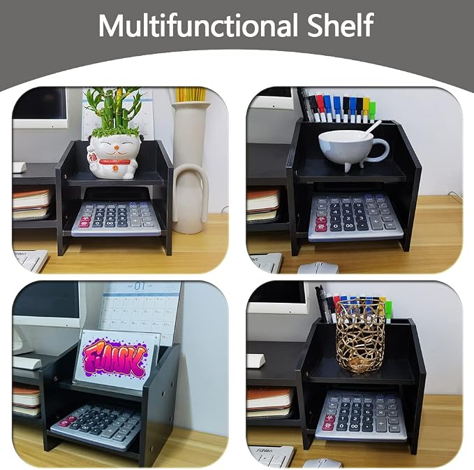 Computer Monitor Riser, 2 Tier Wooden Stand With Two Layer Storage Rack, Black Desktop Organizer for PC/Laptop, Home & Office - Image 6