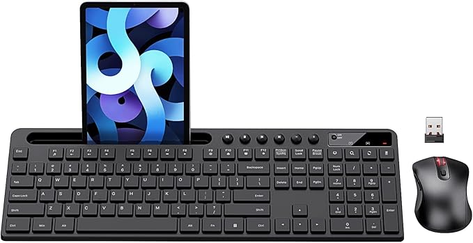 Wireless Keyboard and Mouse Combo, MARVO 2.4G Ergonomic Wireless Computer Keyboard with Phone Tablet Holder, Silent Mouse with 6 Button, Compatible with MacBook, Windows (Black) by MARVO
