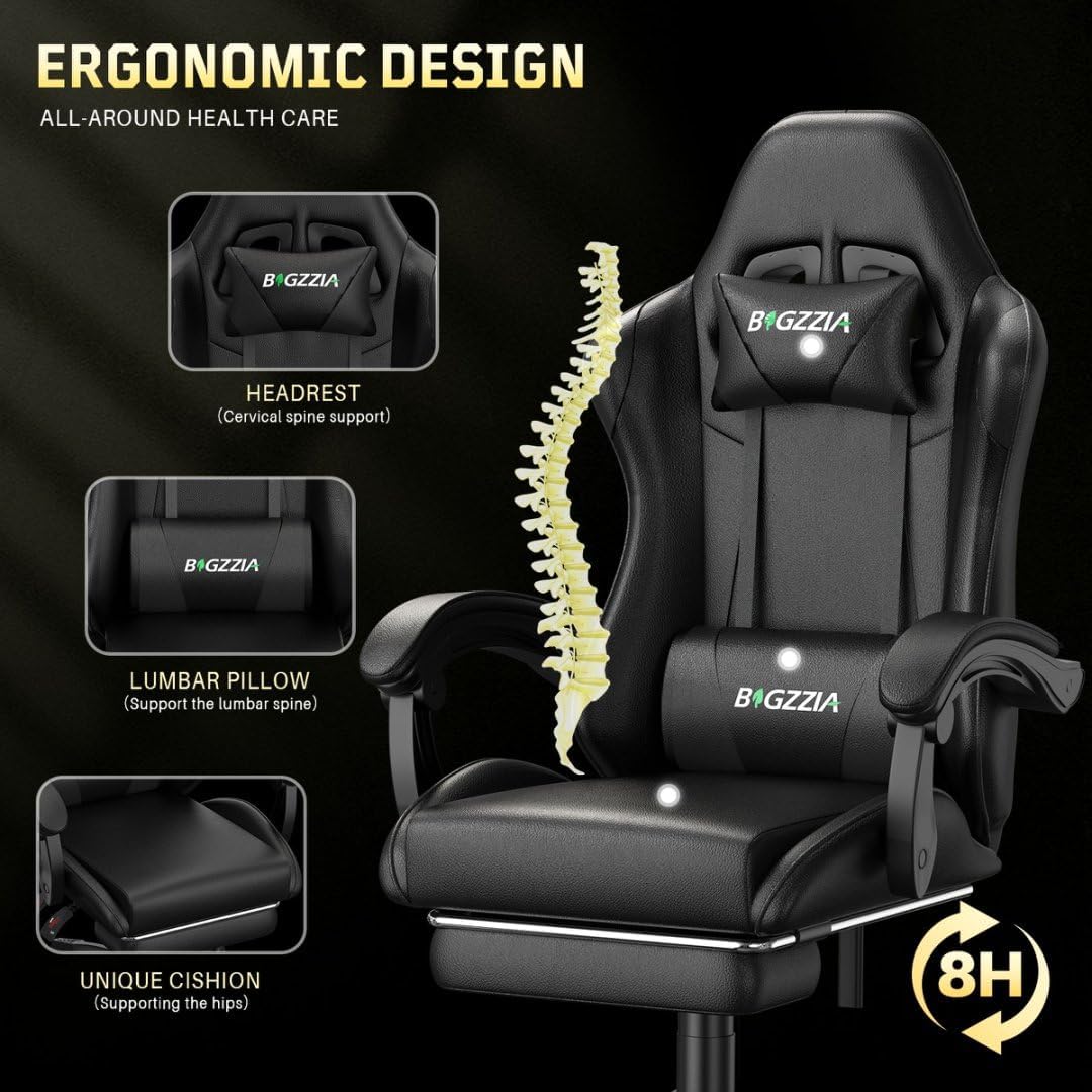 Bigzzia Gaming Chair with Footrest, Lumbar Massage for Adults & Kids, Black - Image 5