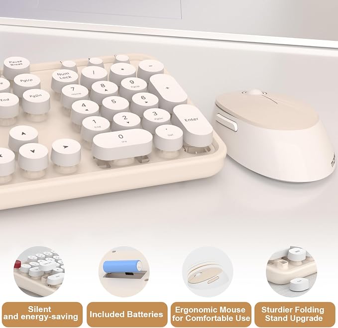 Wireless Keyboard Mouse, 104 Keys Cute Colorful Typewriter Creamy White | With OTG & Long Clean Bruch,Compatible With All windows and Type C Computer,1600DPI,Ideal For PC, Home, Office and College - Image 6