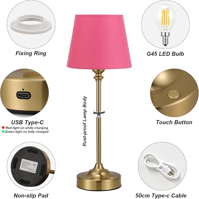 Cordless Table Lamps Rechargeable Set - 2 Pack Brass 4000mAH Battery Operated Lamps for Decor, 3000K Stepless Dimming Touch Control Wireless Lamps for Bedroom, Dining Table, Living Room, Rose Shade - Image 6