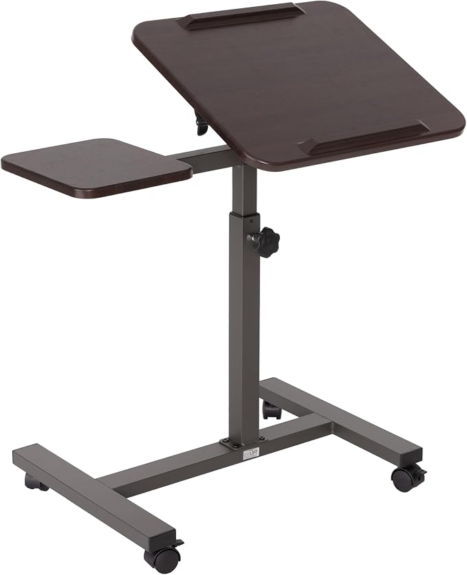 Seville Classics Airlift Height Adjustable Mobile Rolling Laptop Cart Computer Workstation Desk, Table for Home, Office, Classroom, Hospital, w/Wheels, Walnut, Tilt w/Side Table (28") (NEW Model) - Image 4