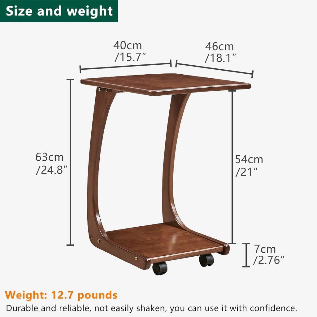 Solid Wood C Shaped End Table with Wheels,Walnut Color(15.7" W) - Image 2