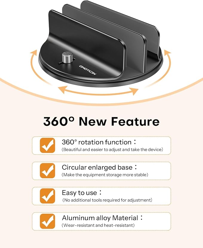 OMOTON 360° Vertical Laptop Stand Holder, Dual-Slot Aluminum Desk Organizer | Sides Knob Adjustment (No Lost Screws), Fits MacBook, iPad, Phones, and Tablets, Non-slip silicone, up to 17.3" - Image 2