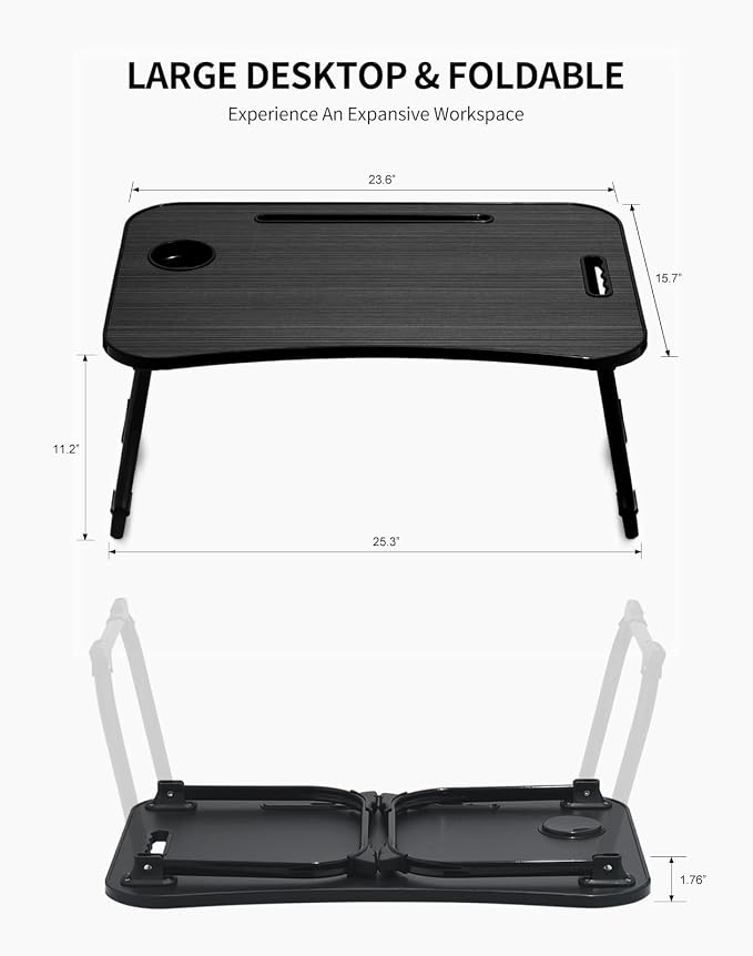 ZEAPTAC Laptop Bed Desk, Foldable Lap Desk, Portable Lap Table, Laptop Stand with Cup Holder, Tablet Slot & Lifting Handle for Work, Write, Draw & Eat on Bed, Sofa or Couch - Black - Image 6