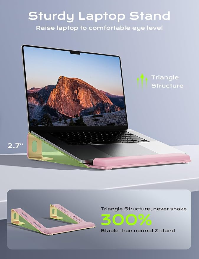 JCZT Aluminum Laptop Stand, Laptop Riser with Wrist Rest, Pink | Ergonomic Detachable Portable Laptop Stand for Desk, Notebook Holder Compatible with MacBook Air Pro, All 10-17'' Laptops - Image 3