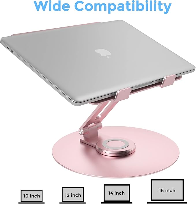 Swivel Laptop Stand for Desk, Adjustable Height Aluminum Computer Stand with 360 Rotating Base, Foldable Ergonomic Riser, Portable Laptop Holder Compatible with MacBook, All Laptops 10-17'', Pink - Image 3