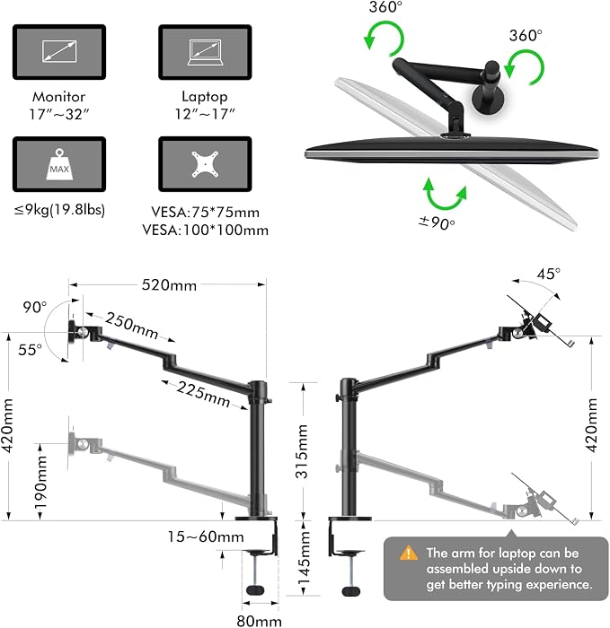 Viozon Monitor and Laptop Mount, 2-in-1 Adjustable Dual Arm Desk Mounts Single Desk Arm Stand/Holder for 17 to 32 Inch LCD Computer Screens, Extra Tray Fits 12 to 17 inch Laptops (Black) - Image 4