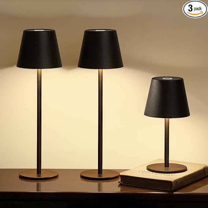3 Pack Cordless Table Lamp, Portable Battery Operated Lamp with 3 Color Temps and Stepless Dimming, Rechargeable Table Lamp for Dinner, Desk, Cafe, Outdoor (Black) by Keysays