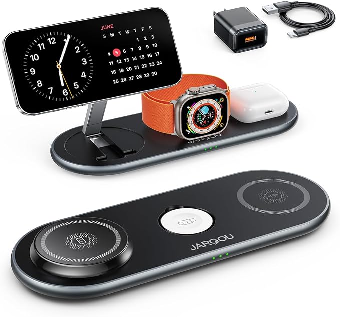 JARGOU Portable 3 in 1 Charging Station for Apple with Magsafe Charger Stand, Fast Magnetic Wireless Charger for iPhone 17 Air 16 15 14 13 12, for Apple Watch Charger, for AirPods by JARGOU