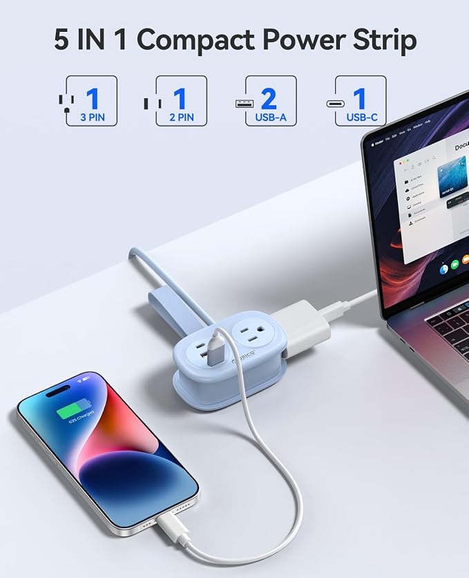 ORICO Cruise Approved Power Strip for Travel, 5 in 1 Extension Cord | with 2 AC Outlets 2 USB-A and 1 USB-C Ports , 3.7 ft Flat Plug Wrap-around Power Strip for Cruise Office, Hotel, Home- AP3 - Image 4