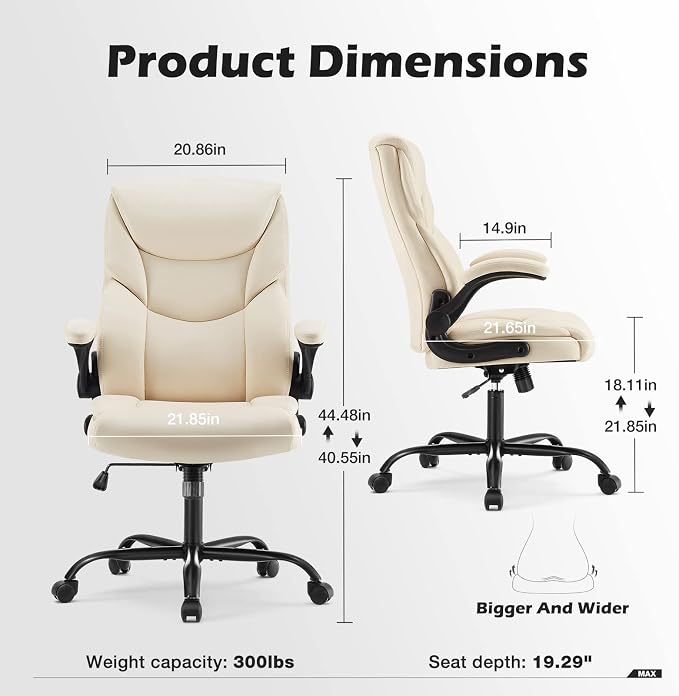 OLIXIS PU Leather Desk Chair, Ergonomic Office Chair, Flip-up Armrest | High Back, Swivel Rolling Wheels, Heavy Duty, 275lbs,Comfortable,Executive, White - Image 3
