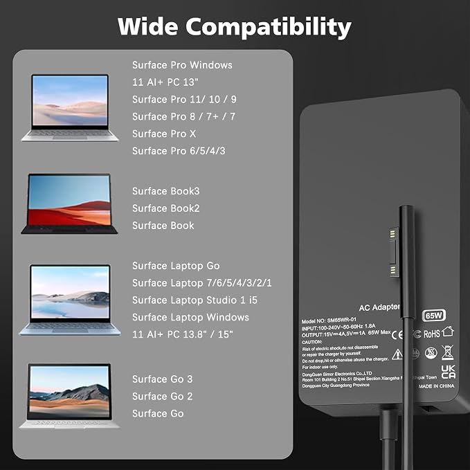 65W Surface Pro Laptop Charger Compatible with Microsoft Surface Pro 11 10, 9, 8, X, 7+, 7, 6, 5, 4, 3, Magnetic Surface Connector, Support 65W, 44W, 36W, with USB Port - Image 3