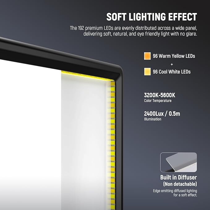 NEEWER Basics 13" LED Video Light Panel, 2 Pack with Tripod Stands, NL-192B | Studio Lighting Kit, Bi Color Photo Key Light for Streaming Photography Podcast Recording, 2400Lux 3200-5600K CRI97+ 8000mAh - Image 4