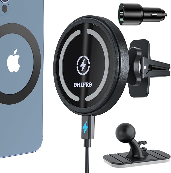 OHLPRO for MagSafe Car Mount Charger iPhone Wireless Car Charger, Stick on Dashboard Magnetic Phone Holder Mount for iPhone 17 Pro Max 16 15 14 Series, 15W Fast Charging, Aluminum Shell by OHLPRO