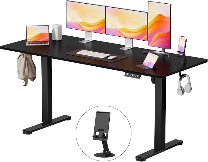 YESHOMY Height Adjustable Electric Standing Desk, 63 x 24 Inches Memory Home Office Sit Stand up Desk with Phone Holder and USB Charging Port, Black by SearchallYESHOMY