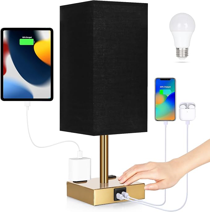 Bedside Lamp with USB Ports - Touch Control Table Lamp for Bedroom with USB C+A Charging Ports & AC Outlets, 3 Way Dimmable Nightstand Light for Living Room (LED Bulb Included, Brass - Black) by Soilsiu