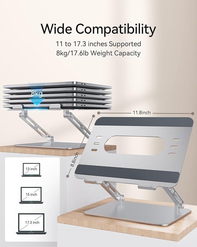 Orlian Foldable Aluminum Laptop Stand for 10-17.3" Laptops, Height Adjustable Portable Ergonomic Computer Holder, Space Saving Desk with Heat Dissipation. Compatible with MacBook/Dell/HP etc, Silver - Image 6