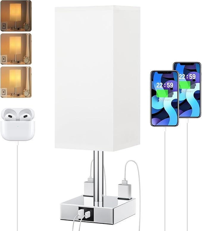 White Touch Table Lamp for Bedroom - Dimmable, USB C+A, 2 AC Outlets | 3-Way Dimming, 3000K Bulb Included, Square White Lampshade and Silver Base, Desk Lamp for Nightstand, Living Room, Dorm by Aooshine
