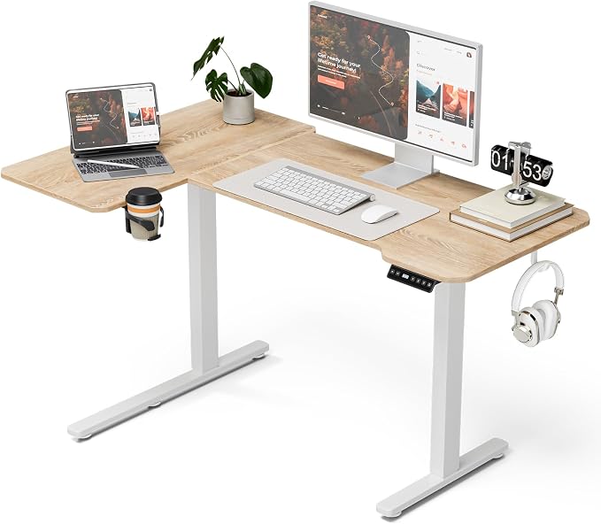 L Shaped Electric Standing Desk - 51x31.5 Inch Reversible Corner Sit Stand Desk with Hook&Cup Holder,Electric Height Adjustable Table,for Small Home Office&Bedroom Computer Desk, Oak by Acrolix