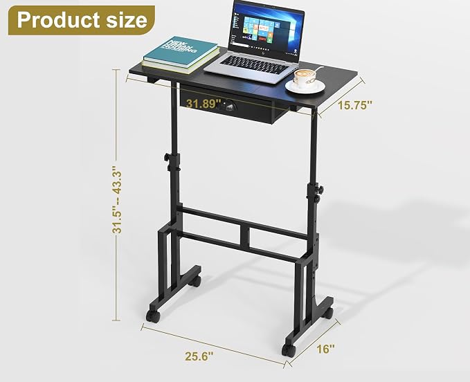 Adjustable Height Standing Desk With Drawer, Rolling Sit Stand Up Desk With Wheels, Small Sit To Stand Computer Desk, Adjustable Desktop Height, On Wheels, Black, For Walking Pad Laptop Treadmill - Image 2