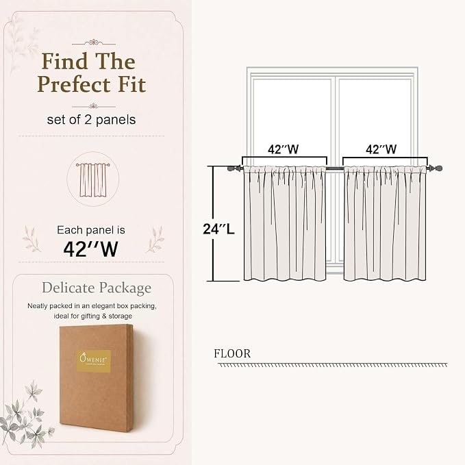 Short White Sheer Kithen Cafe Curtains 24 Inch Length 2 Panels Set | Half Curtains for Living Room Bedroom Basement Bathroom Small window, Sheer curtain over sink, Rod Pocket, Each 42"W x 24"L - Image 4