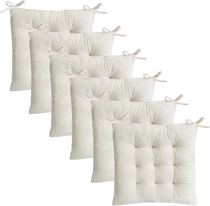 6 Pack Square Seat Cushion Chair Pads for Kitchen Dining Chairs, Soft Comfort Velvet Chair Mat Pillow Cushions with Ties for Office Desk Living Room Tatami 15.5", Ivory by MissSoul