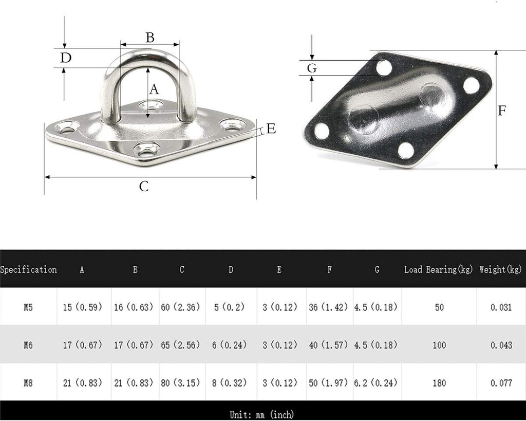 heyous 2 Set M8 Suspension Ceiling Wall Mount U Hook Anchor Hanger Stainless Steel Heavy Duty Multi Purpose Hammock Swing Ceiling Hook Rhombic Base Plate with Snap Hook - Image 7