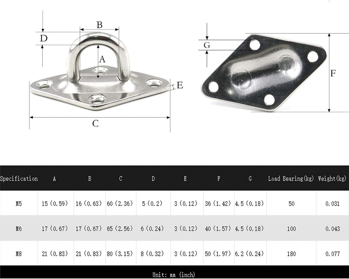 heyous 2 Set M8 Suspension Ceiling Wall Mount U Hook Anchor Hanger Stainless Steel Heavy Duty Multi Purpose Hammock Swing Ceiling Hook Rhombic Base Plate with Snap Hook - Image 7