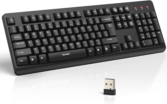TECKNET Wireless Keyboard, 2.4G Silent Full-Size Keyboard with Number Pad | Ergonomic Keys & Adjustable Feet, Compatible with Laptop, PC, Desktop, Notebook, Windows 11/10/8/7 –Black by Tecknet