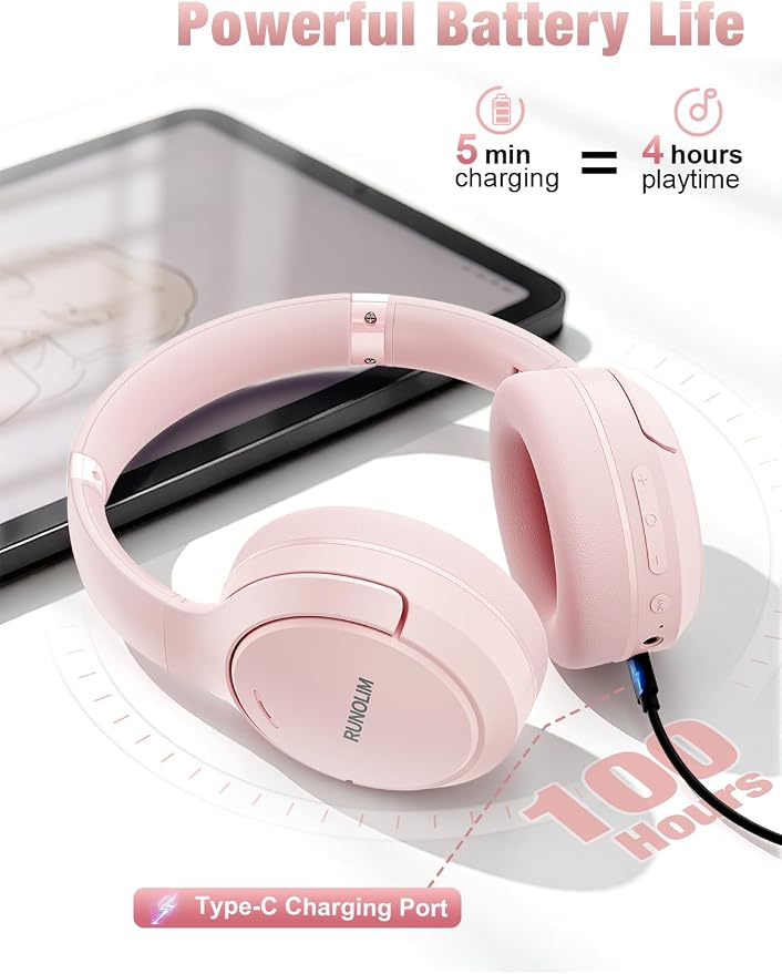 RUNOLIM Hybrid Active Noise Cancelling Headphones, Wireless Over Ear Bluetooth Headphones with Microphone, 100H Playtime, Foldable Headphone with HiFi Audio, Deep Bass for Home Travel Office（Pink） - Image 3