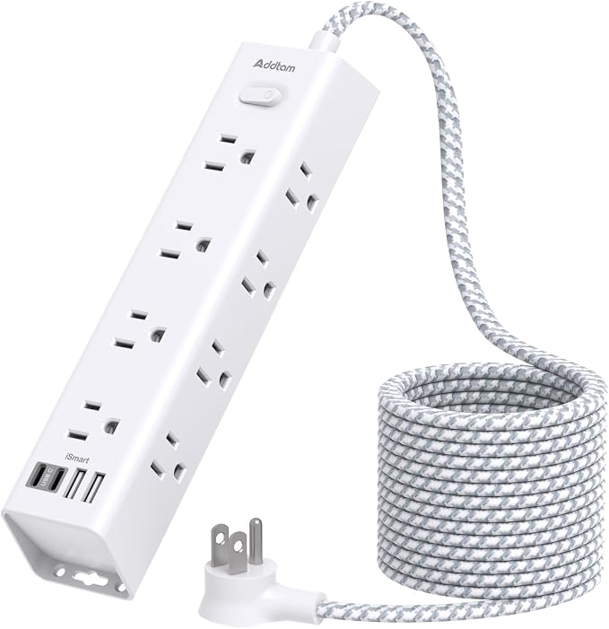 Surge Protector Power Strip - 10 FT Extension Cord with 12 AC Outlets 4 USB | Flat Plug Power Strip Wall Mount Overload Protection, 1050J, Desk Charging Station for Home Dorm Room Office, ETL Listed by Addtam