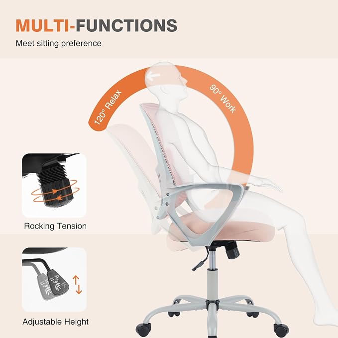 Sweetcrispy Ergonomic Home Office Desk Chair, Managerial Executive Chair | Mid-Back, Comfortable Armrests and Lumbar Support, 360° Rolling Wheels, Bedroom Study Room, Pink - Image 4
