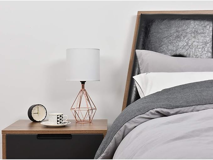 Rose Gold Bedside Table Lamp,Modern Small Desk Lamp with TC Fabric Shade Geometric Metal Base for Kids Living Room Bedroom Nightstand - Image 2