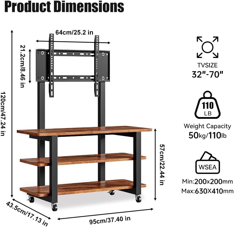 Mobile TV Stand Cart with Wheels for 32-70 inch Screens, Rolling AV Display - Image 2