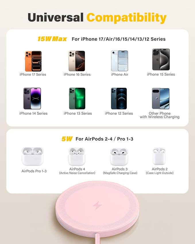 6FT Magnetic Wireless Charger Charging Pad - 15W Fast Phone Charger for Apple iPhone 17 16 15 14 13 12 Series & AirPods 4 3 2 Pro, Phone Charging Pad with Plug for Desk & Travel, 2Pack Pink - Image 6