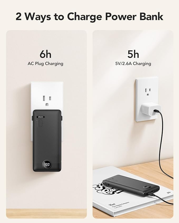 VRURC Portable Charger, Power Bank Built-in Cables and AC Wall Plug | USB C Portable Bank 10000mAh,Travel Essentials Phone Charger Compact External Battery Pack for Smart Phones,Tablets-Black - Image 4