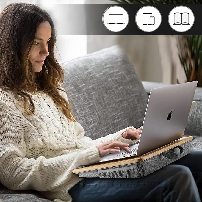 Adjustable Bamboo Lap Desk with Cushion - 5 Tilting Angles Ergonomic Laptop Bed Tray for Computers 15 inches or Less, Phone & Tablet Holder Slot, Dual Bolster for Comfort on Couch, Bed, Sofa & Car - Image 10