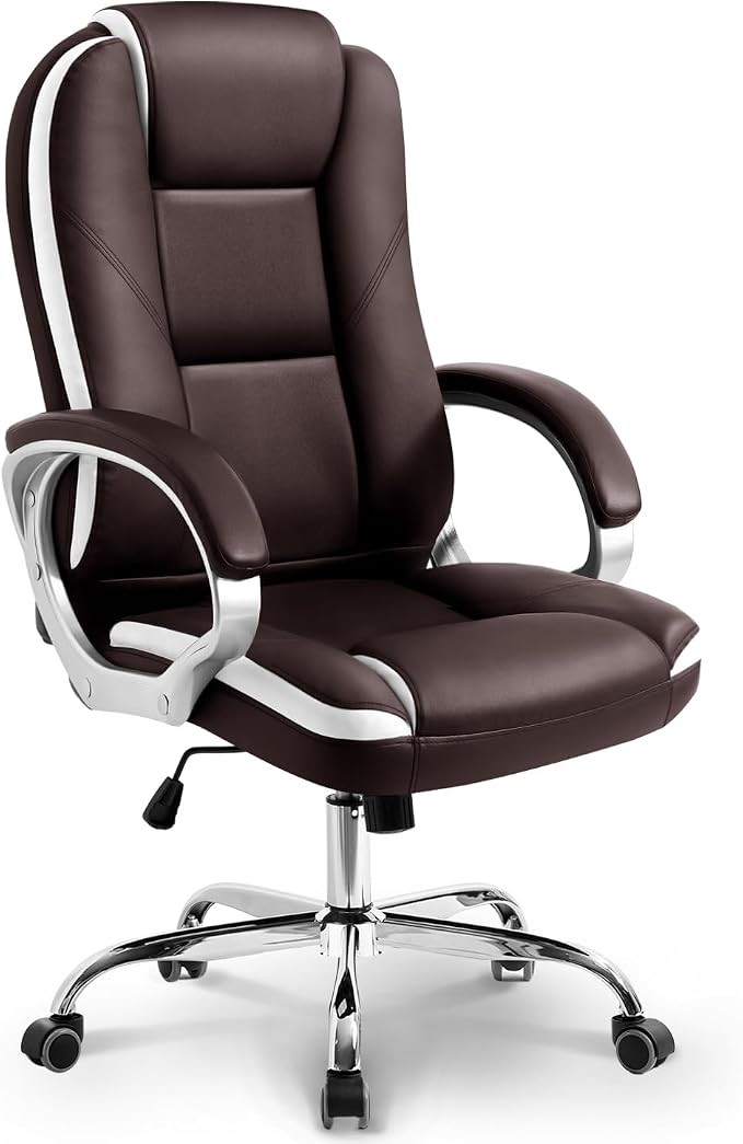 NEO CHAIR Office Desk Chair PU Leather Chair with Lumbar Support, Brown | Ergonomic High Back Executive Computer Chair, Comfortable Padded Fixed Armrests Swivel Chair with Wheels for Office/Home by NEOCHAIR