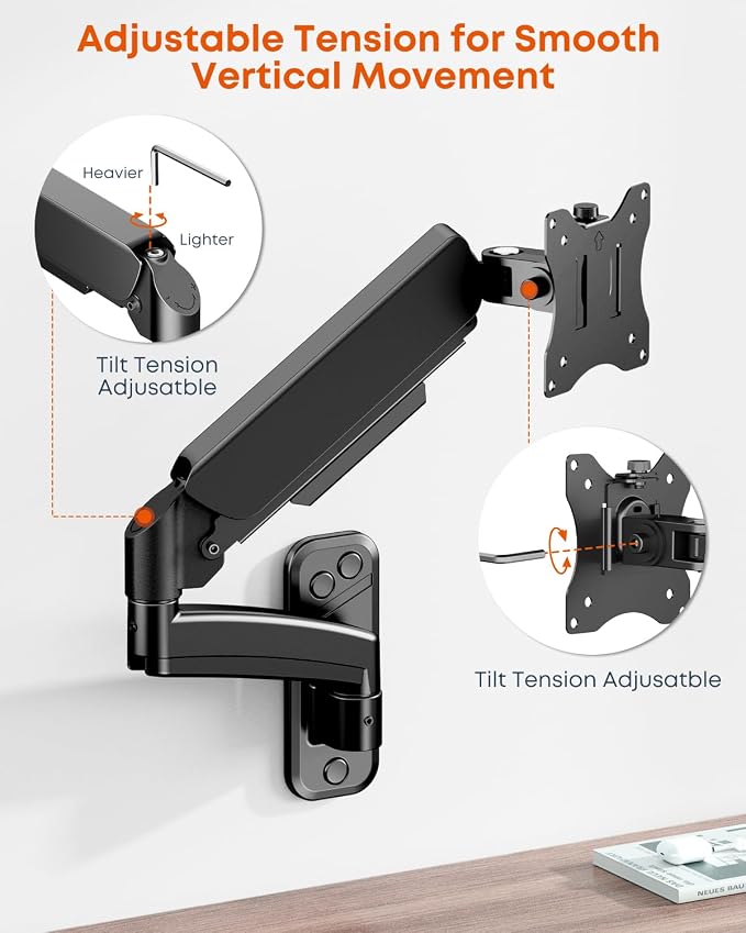 Single Monitor Wall Mount fits 17-32 inch Flat/Curved Screen | Gas Spring, Full Motion, Up to 19.8lbs per Arm, VESA 75x75/100x100, Black - Image 8