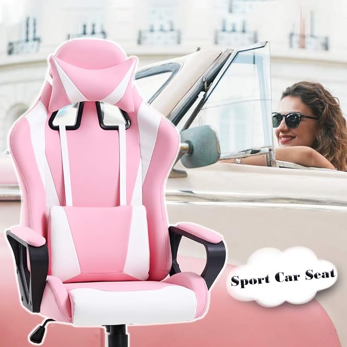 BestOffice Gaming Chair | Pink | Desk Chair with Adjustable Lumbar Support | Headrest Pillow | Ergonomic Racing Style Seat with Recline, Swivel Base & Rolling Wheels | For Gamers, Home, Office - Image 6