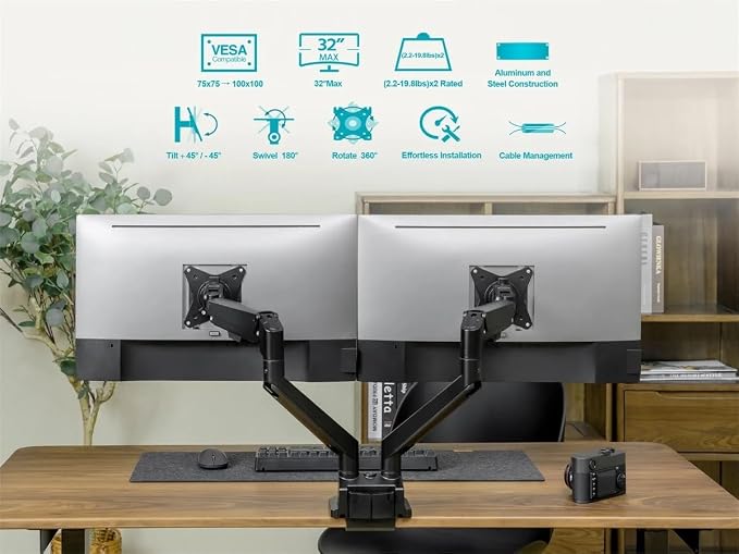 Monoprice Low Profile Dual Monitor Gas Spring Desk Mount - Up to 32in/19.8 lbs Screens, Detachable VESA 100x100/75x75 Plate, 180 Degree Wall Stop, Topside Installation - Image 6