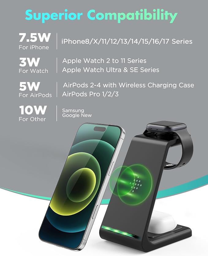 3 in 1 Wireless Charging Station, 2026 Upgraded Fast Desk Charger Station for iPhone 17 16 15 14 13 12 Pro Max Plus, Charger Stand for Apple Watch 10 9 8 7 6 5 4 3 2 SE, Airpods 4 3 2 Pro(Black) - Image 2