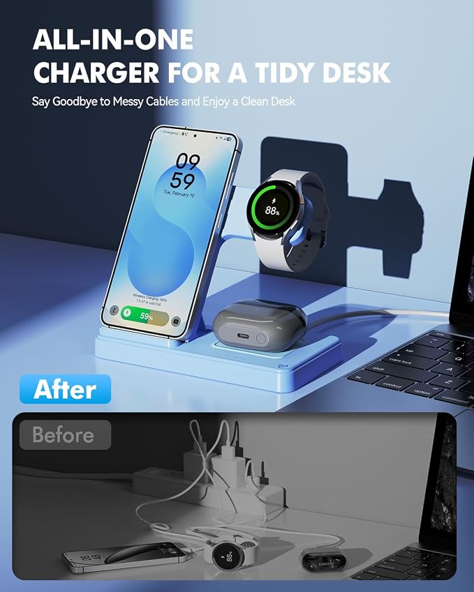 3-in-1 Charging Station for Samsung, Foldable Wireless Charger Stand | Android Phone and Watch Charger for Samsung S26/S25/S24/S23/S22/S21, Note 20/10, Z Fold 6/5, Galaxy Buds and Watch-Blue - Image 6