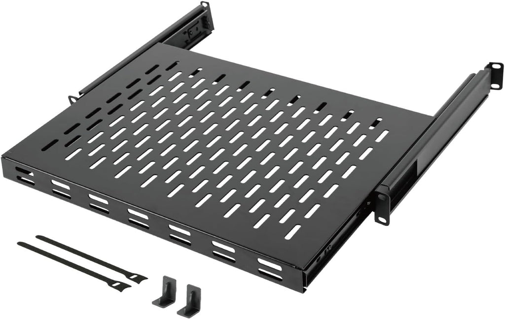 Tecmojo 1U Sliding Rack Shelf,4-Post Vented Rack Mount Shelf,13.8in Deep with Adjustable Mounting Depth 13.8-19.7in,Supports to 110lbs,for 19 Inch AV/Network Equipment Rack,Unassembled,Black by Tecmojo