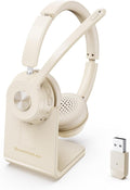 Wireless Headset with Mic for Work, Bluetooth Headset with Noise Cancelling | Headphones with Mic Mute & USB Dongle for PC/Computer/Laptop/Cell Phones/Remote Work/Call Center (Beige White) by Soothielec
