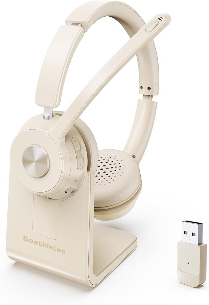 Wireless Headset with Mic for Work, Bluetooth Headset with Noise Cancelling | Headphones with Mic Mute & USB Dongle for PC/Computer/Laptop/Cell Phones/Remote Work/Call Center (Beige White) by Soothielec