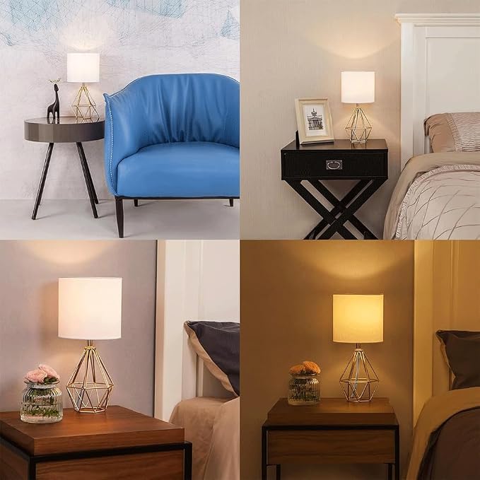 Gold Small Table Lamp Set of 2, Modern Bedside Nightstand Lamps with Geometric Metal Base White Fabric Shade, Cute Desk Lamp for Living Room Bedroom - Image 8