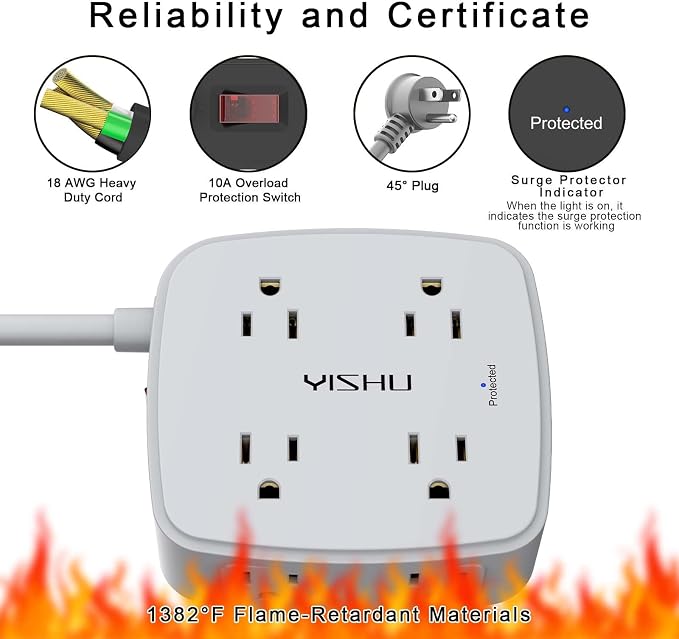 10 Ft Surge Protector Power Strip - 8 Widely Outlets with 4 USB Ports, 3 Side Outlet Extender with 10 Feet Extension Cord, Flat Plug, Wall Mount, Desk USB Charging Station, ETL, Grey - Image 6